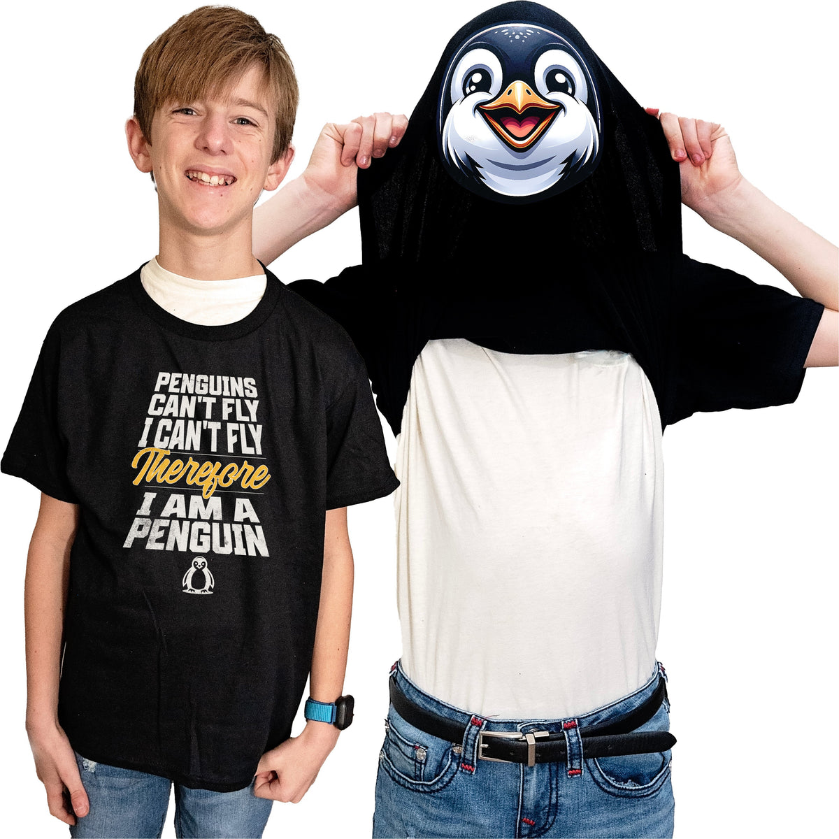 Penguins Can't Fly I Can't Fly Therefore I Am A Penguin Funny Flip Shirt - Animal Face Flip Tee