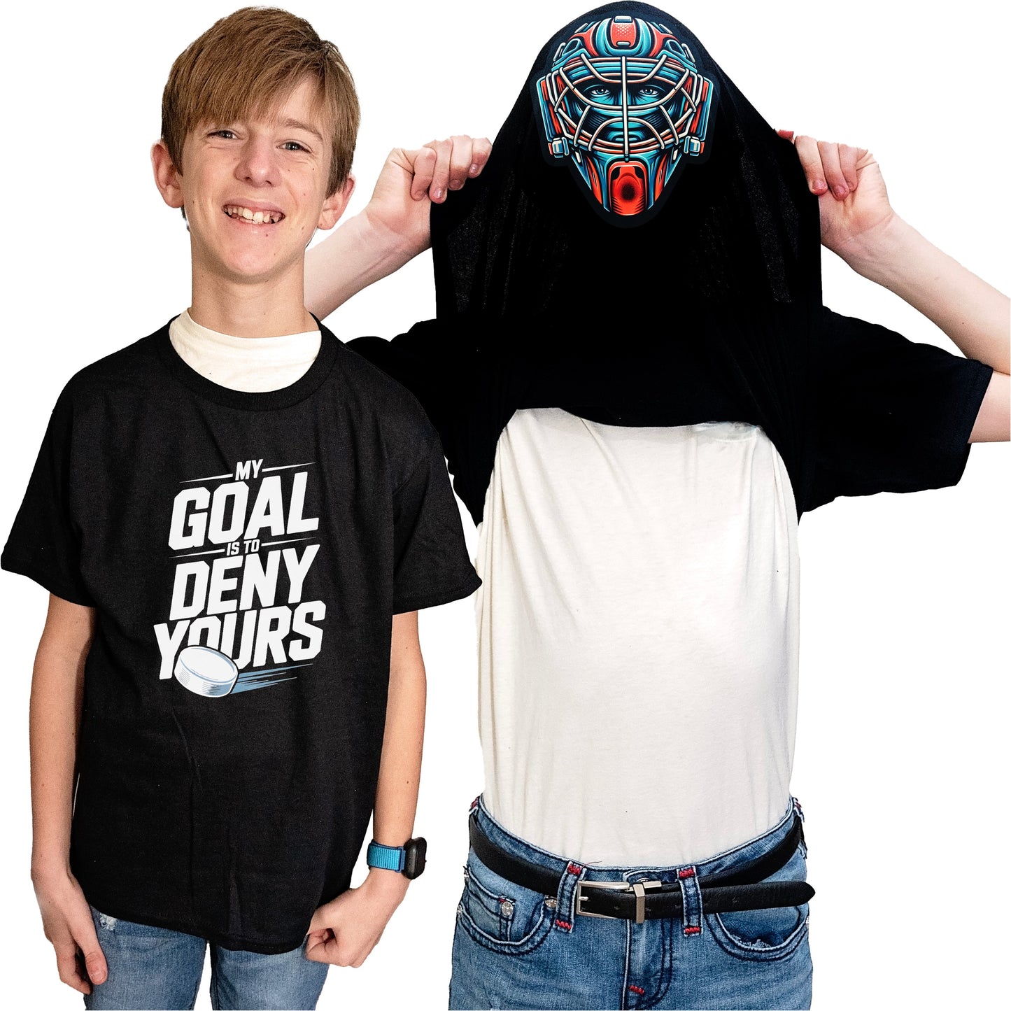 My Goal Is To Deny Yours Hockey Flip Shirt - Funny Goalie Mask Flip Tee