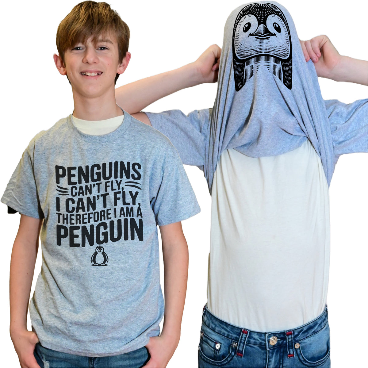 Penguins Can't Fly I Can't Fly Therefore I Am A Penguin Funny T-Shirt - Animal Face Flip Tee
