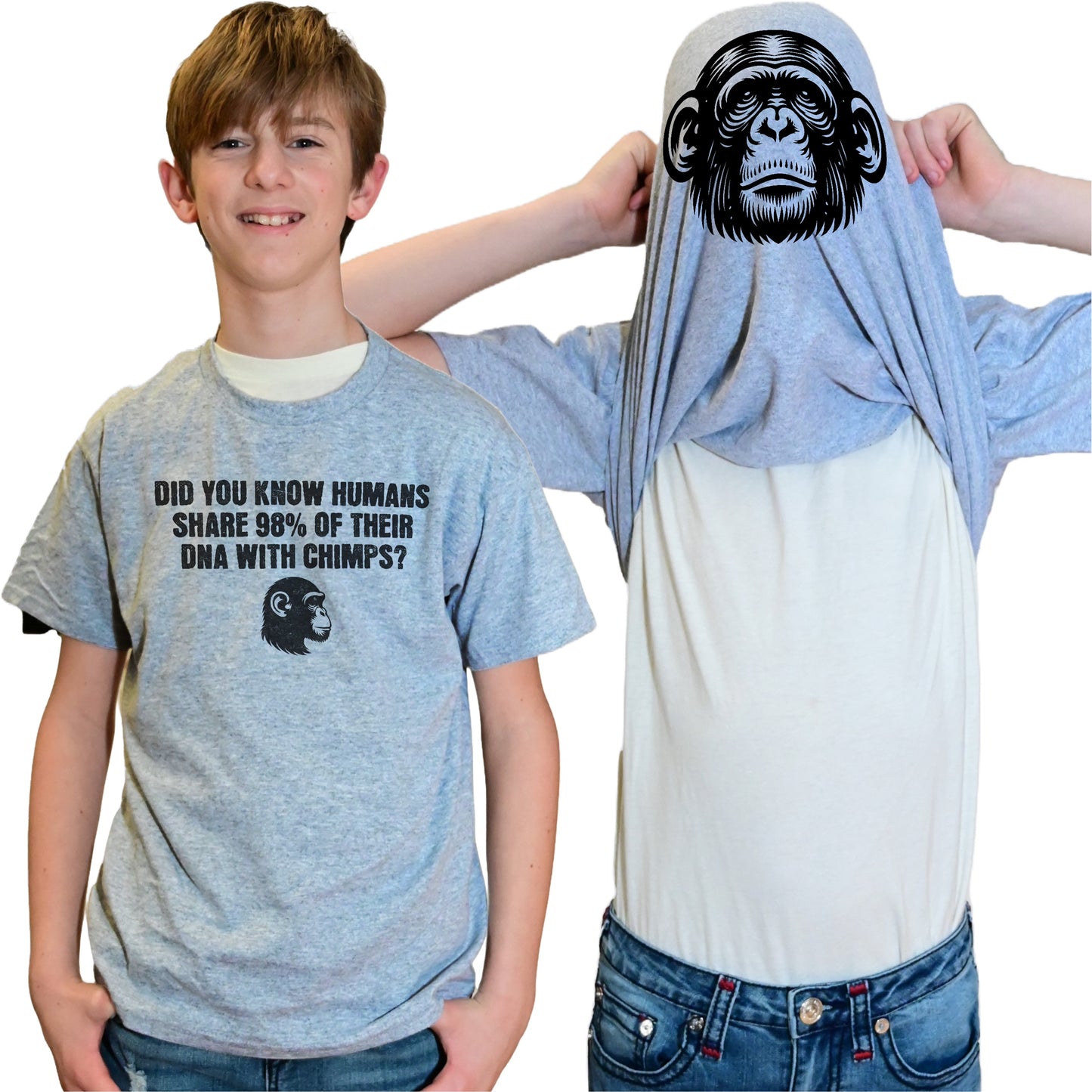Humans Share 98% DNA with Chimps Flip Shirt - Chimpanzee Monkey Face T-Shirt Flip Tee
