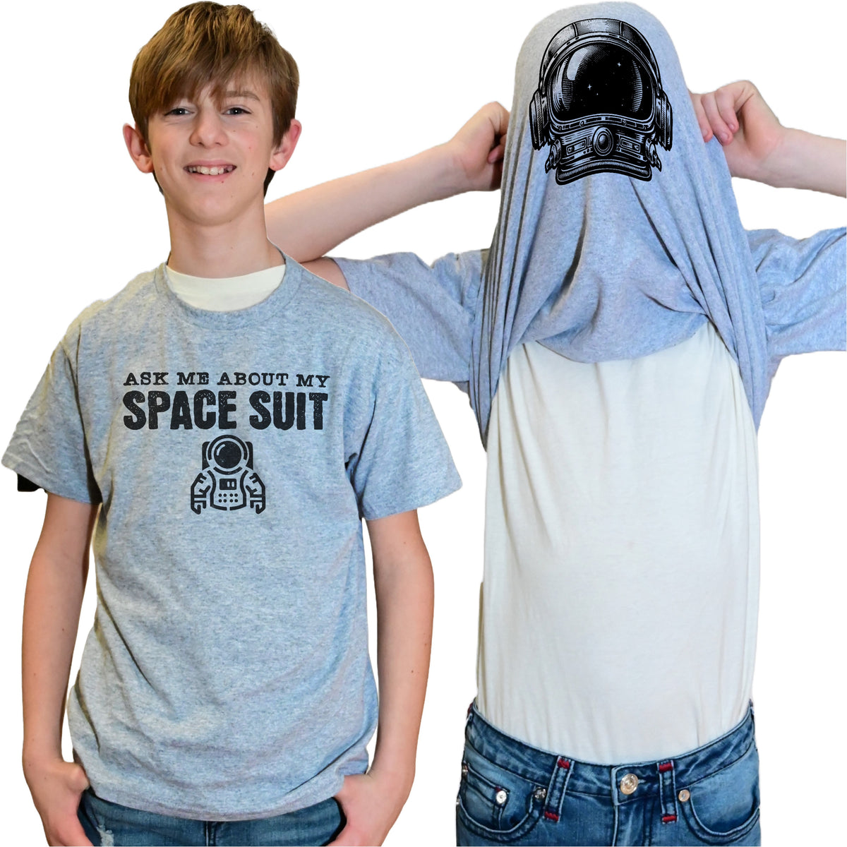 Ask Me About My Space Suit Flip Shirt - Funny Astronaut T-Shirt - Adult and Youth Sizes