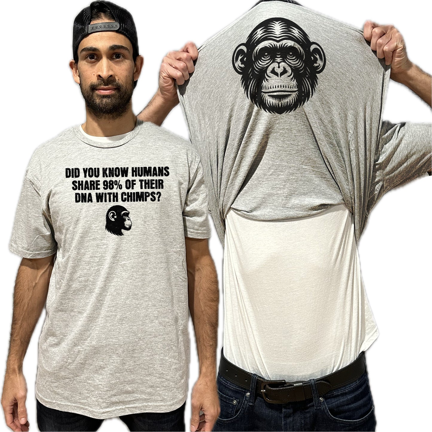 Humans Share 98% DNA with Chimps Flip Shirt - Chimpanzee Monkey Face T-Shirt Flip Tee