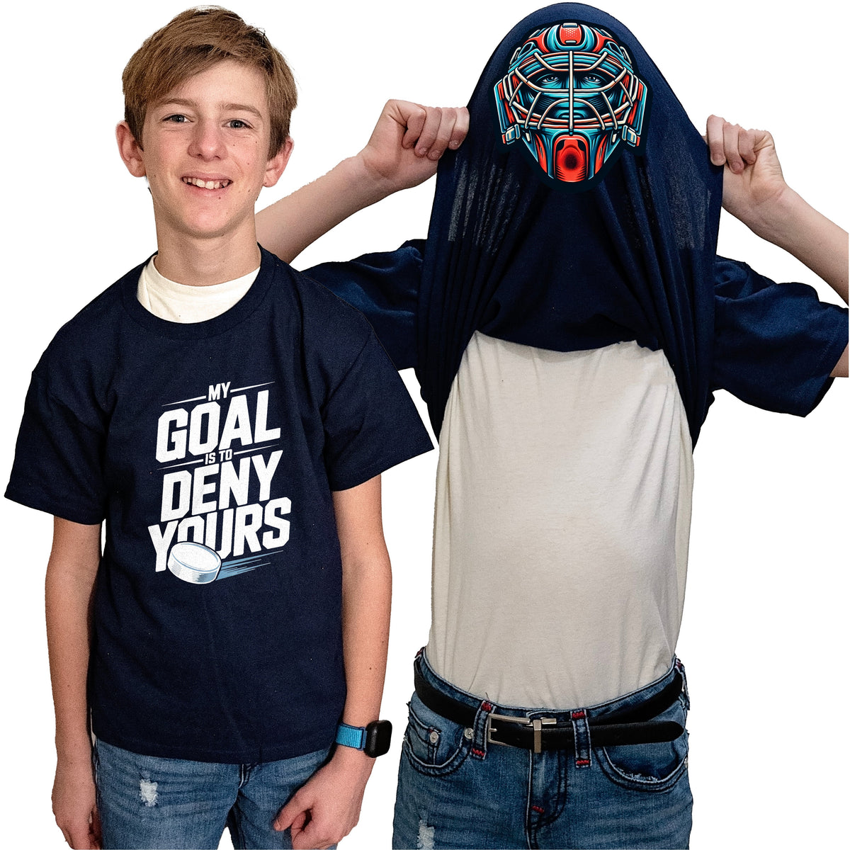 My Goal Is To Deny Yours Hockey Flip Shirt - Funny Goalie Mask Flip Tee