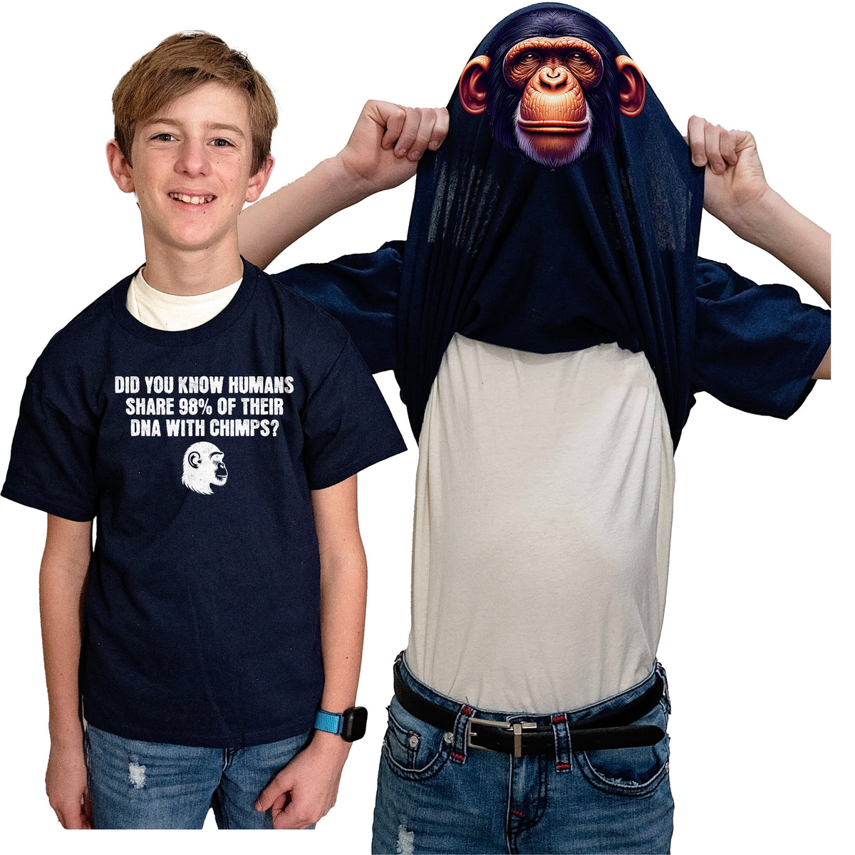 Humans Share 98% DNA with Chimps Flip Shirt - Chimpanzee Monkey T-Shirt