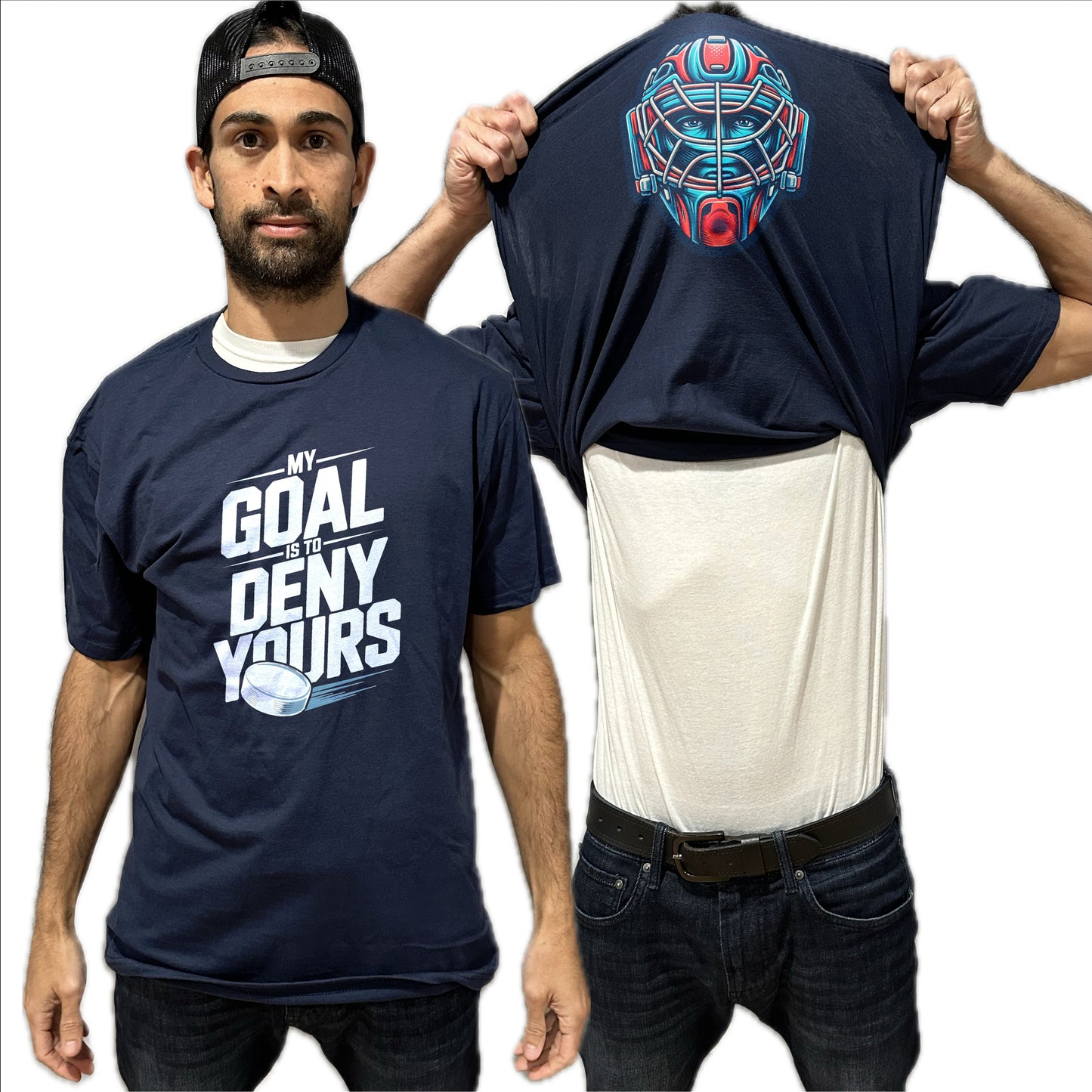 My Goal Is To Deny Yours Hockey Flip Shirt - Funny Goalie Mask Flip Tee