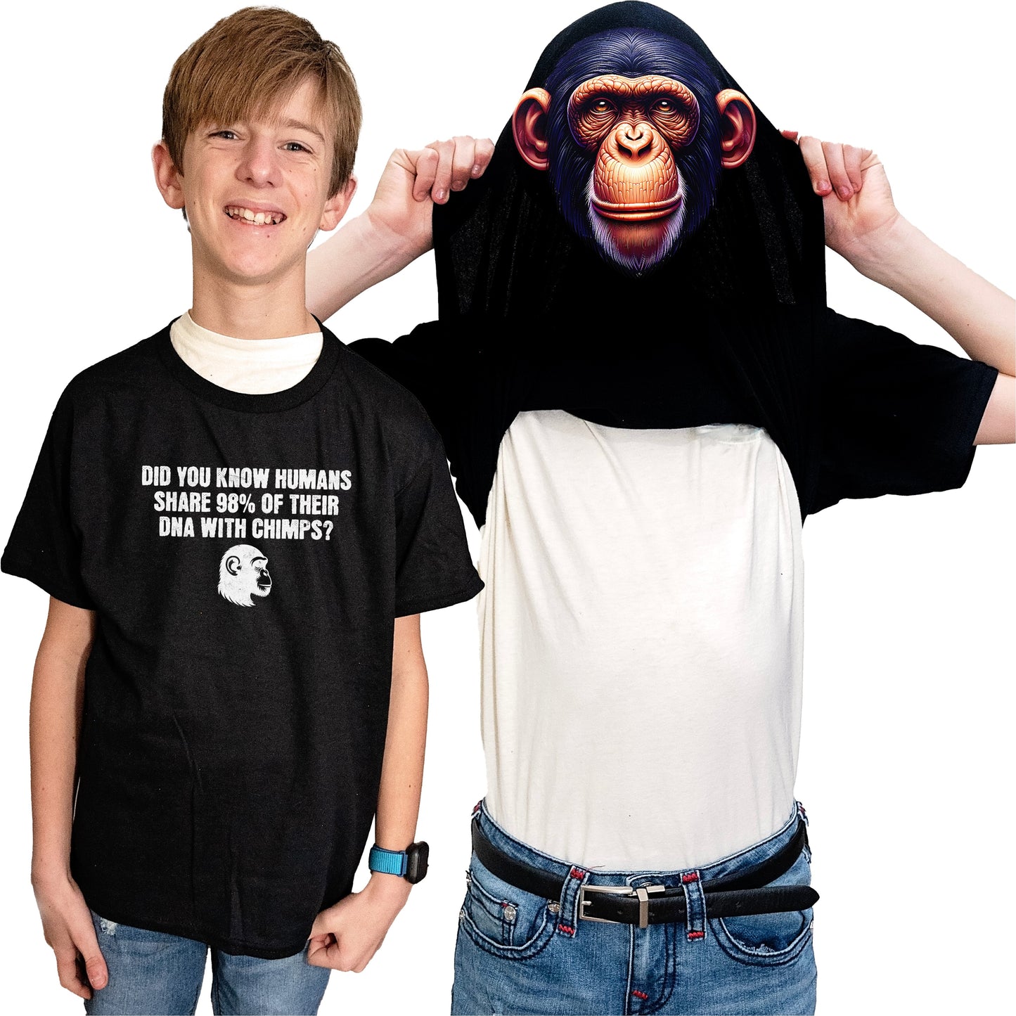 Humans Share 98% DNA with Chimps Flip Shirt - Chimpanzee Monkey T-Shirt
