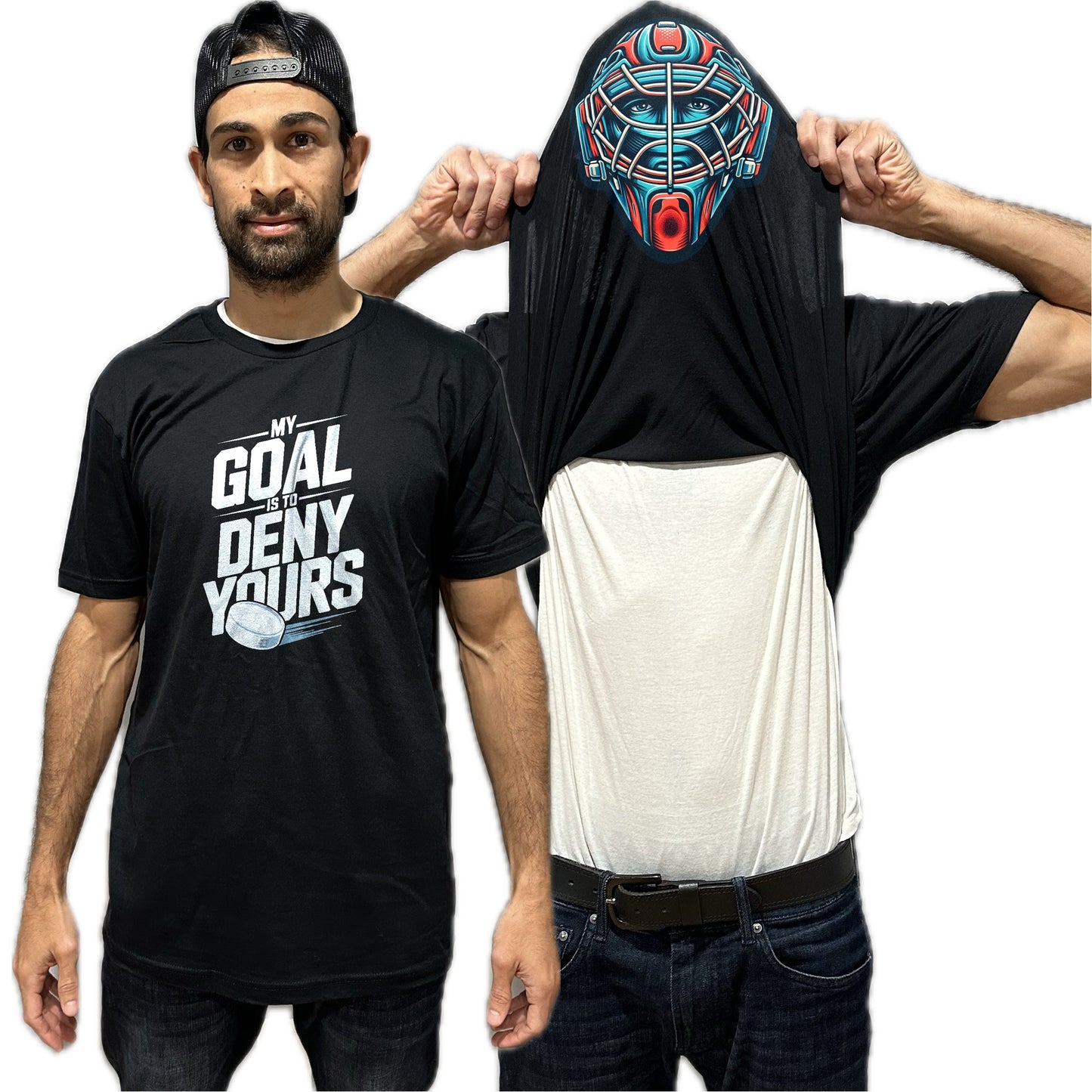 My Goal Is To Deny Yours Hockey Flip Shirt - Funny Goalie Mask Flip Tee