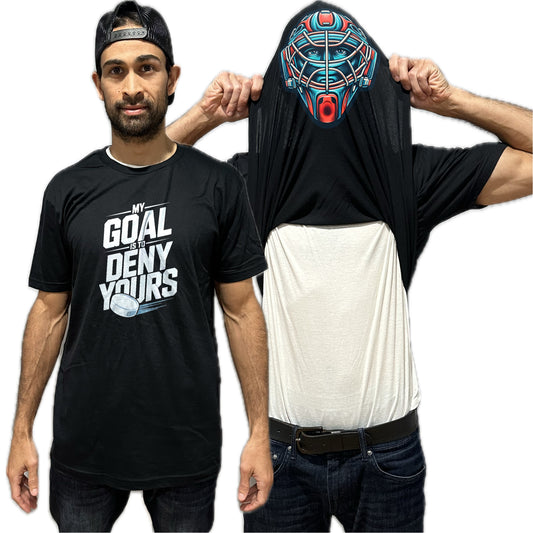 My Goal Is To Deny Yours Hockey Flip Shirt - Funny Goalie Mask Flip Tee
