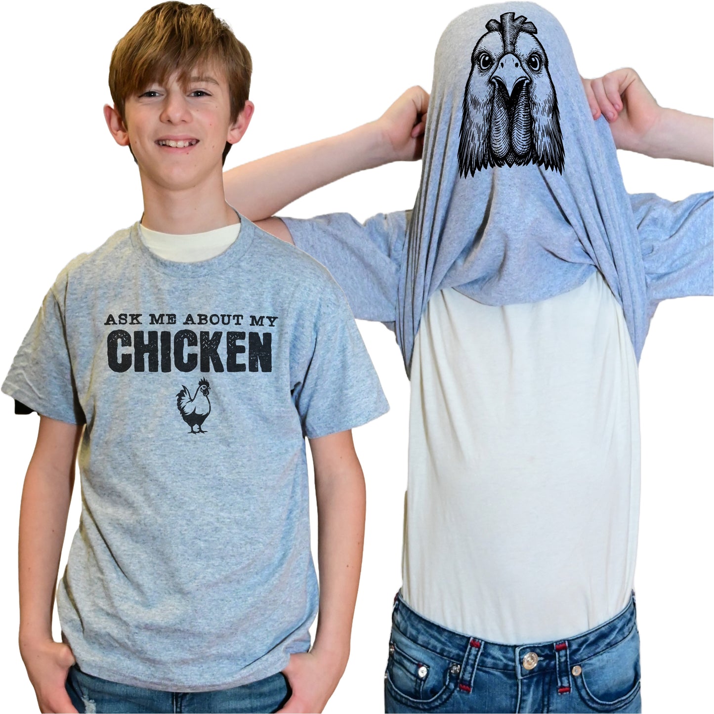 Ask Me About My Chicken Flip Shirt - Funny Rooster T-Shirt - Adult and Youth Sizes