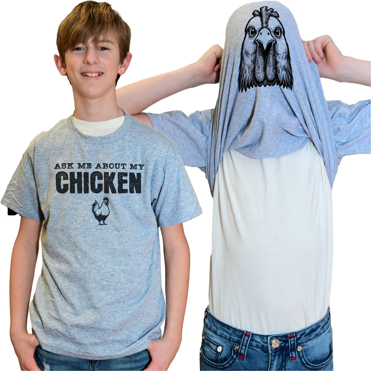 Ask Me About My Chicken Flip Shirt - Funny Rooster T-Shirt - Adult and Youth Sizes