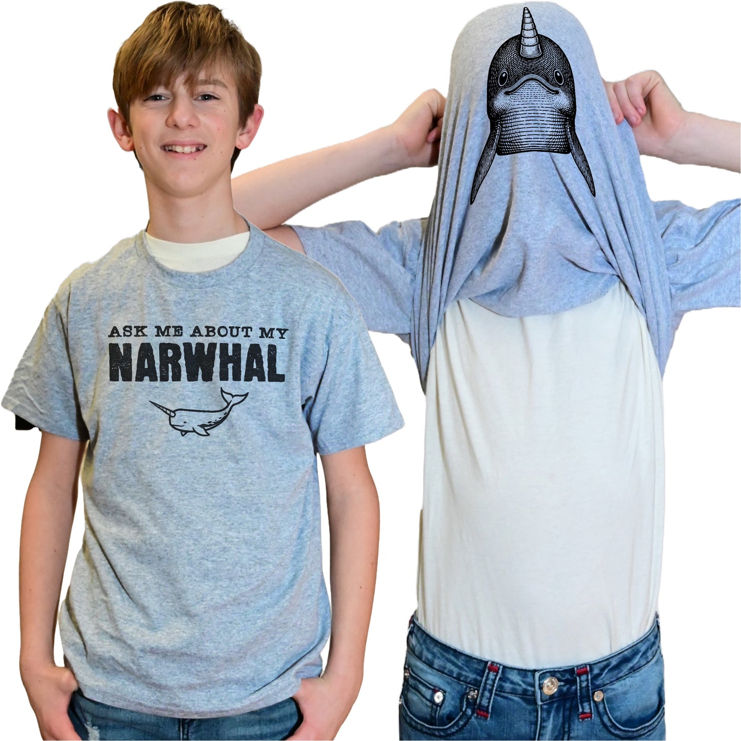 Ask Me About My Narwhal Flip Shirt - Funny Whale T-Shirt - Adult and Youth Sizes
