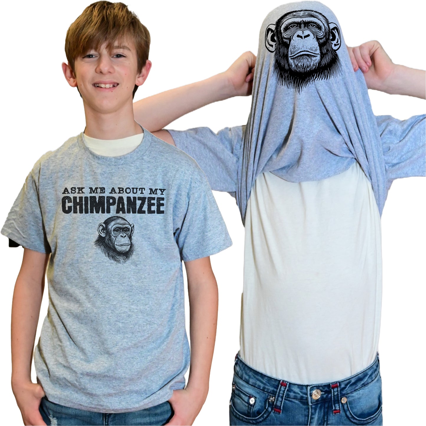 Ask Me About My Chimpanzee Flip Shirt - Funny Monkey T-Shirt - Adult and Youth Sizes