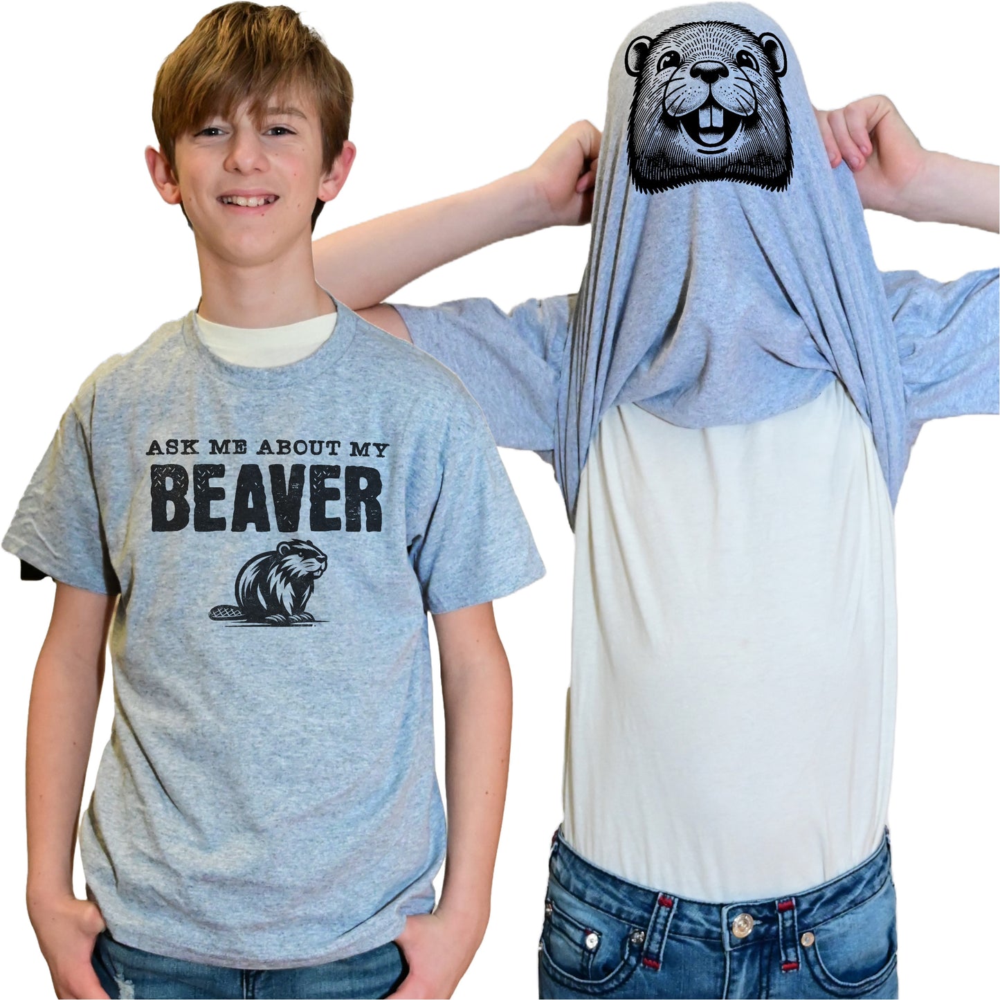 Ask Me About My Beaver Flip Shirt - Funny Beaver T-Shirt - Adult and Youth Sizes
