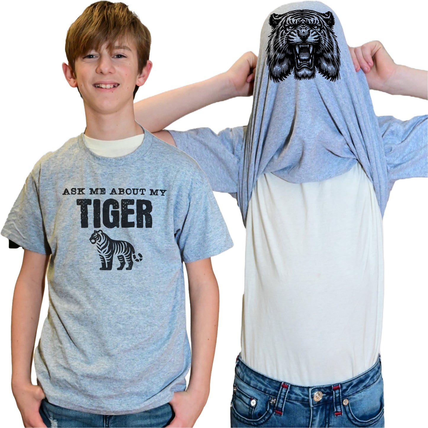 Ask Me About My Tiger Flip Shirt - Funny Tiger T-Shirt - Adult and Youth Sizes