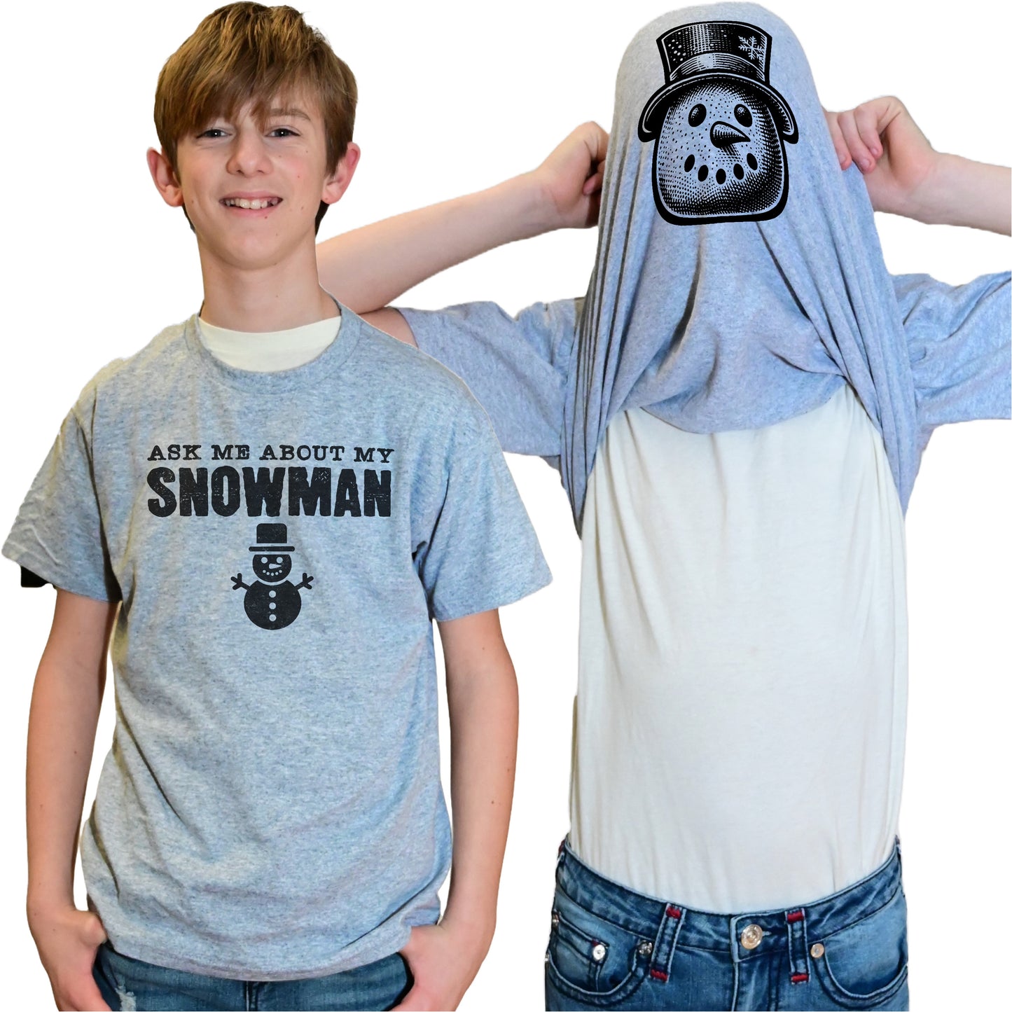 Ask Me About My Snowman Flip Shirt - Funny Snowman T-Shirt - Adult and Youth Sizes