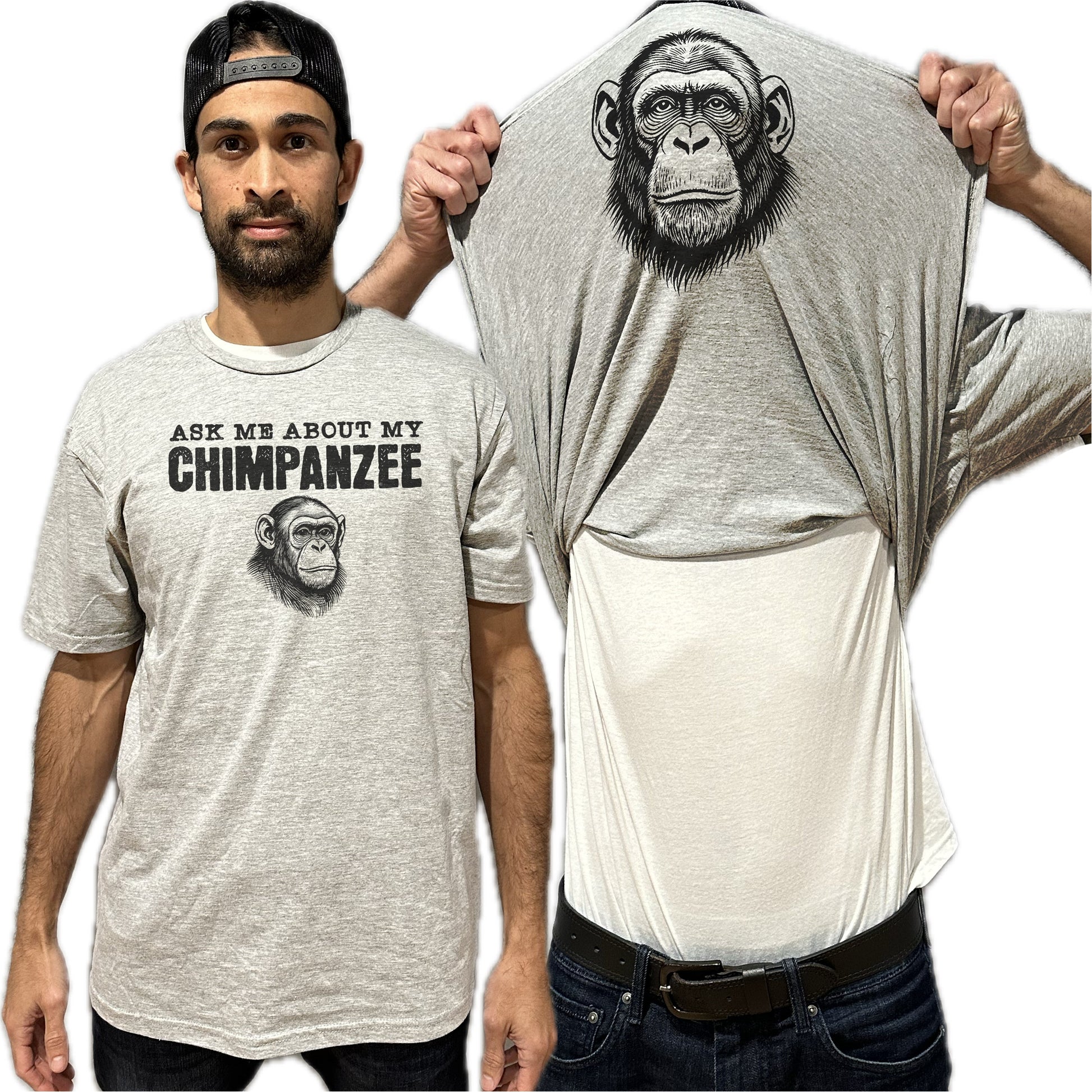 Ask Me About My Chimpanzee Flip Shirt - Funny Monkey T-Shirt - Adult and Youth Sizes