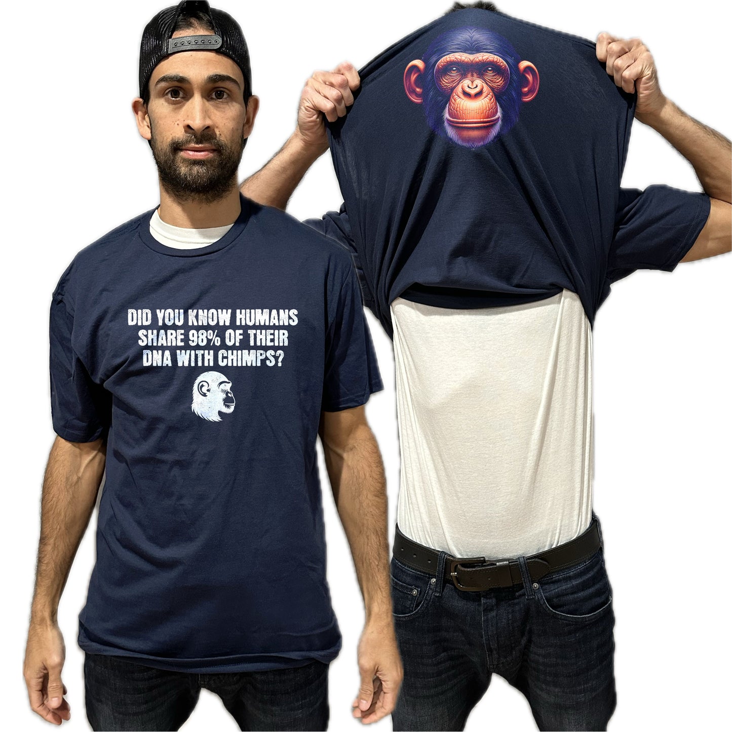 Humans Share 98% DNA with Chimps Flip Shirt - Chimpanzee Monkey T-Shirt